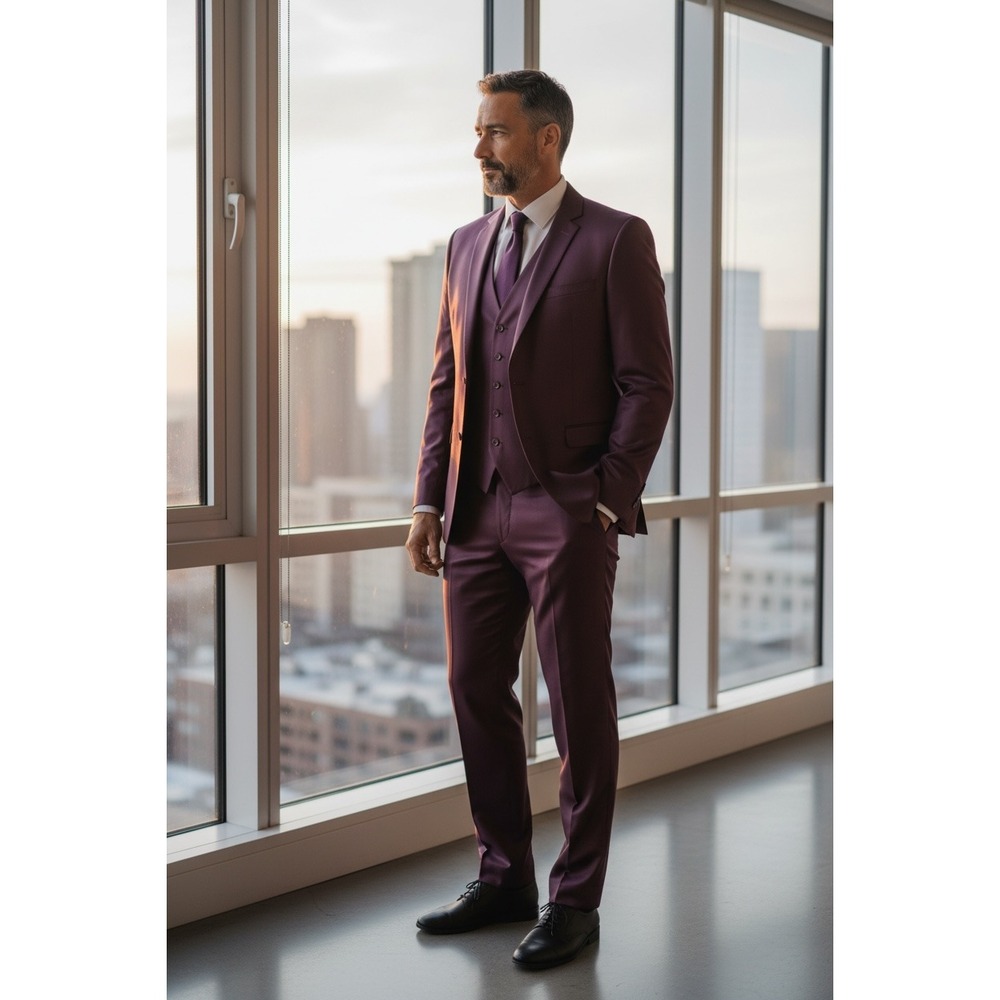Giovanni Testi 3-Piece Suit Vest and Pants, Burgundy Size 42L (PANTS 36L)